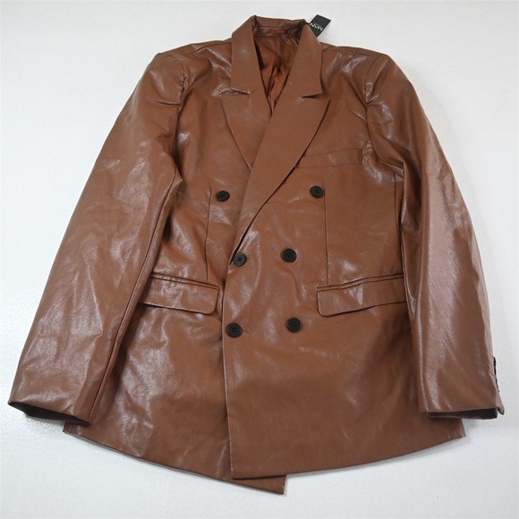 NEW‎ Mens Double Breasted 36R Brown Faux Leather Mens Blazer Jacket Sport Coat